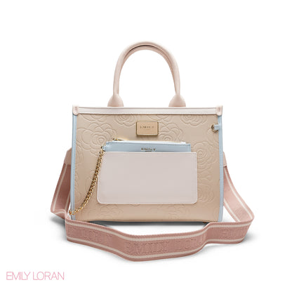 EMBOSSED ROSE TOTE WITH BRANDED STRAP BAG