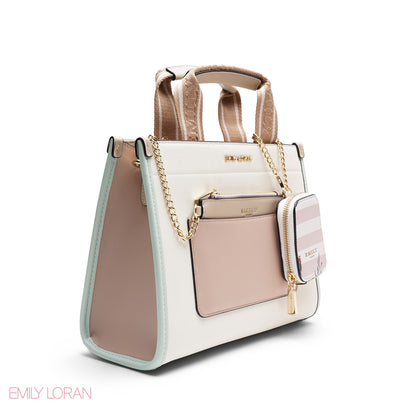 STRUCTURED BAG WITH BRANDED HANDLES AND STRIPPED POUCH