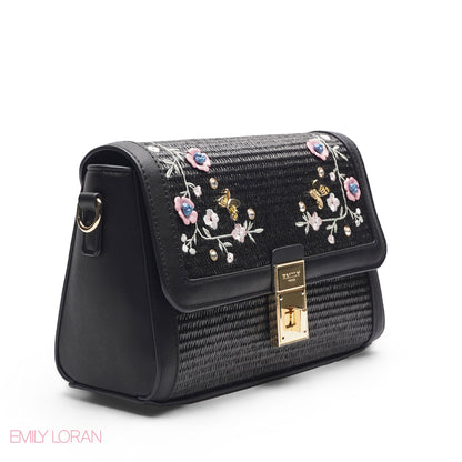 TEXTURED SCARF BLACK TOP HANDLE BAG - MED