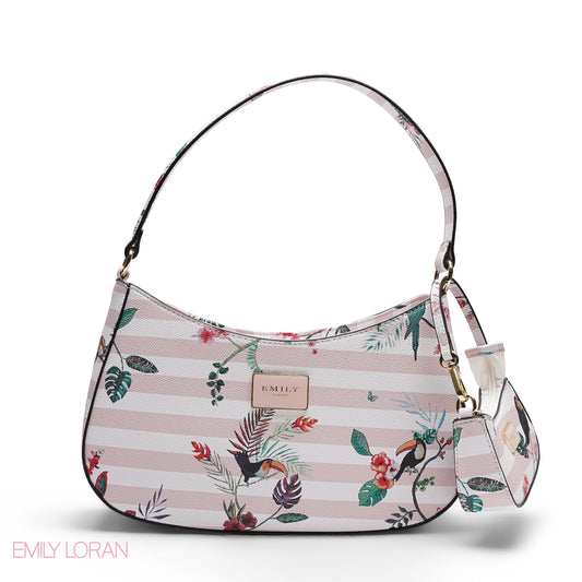 STRIPPED FLORAL SHOULDER HOBO BAG WITH MINI BAG
