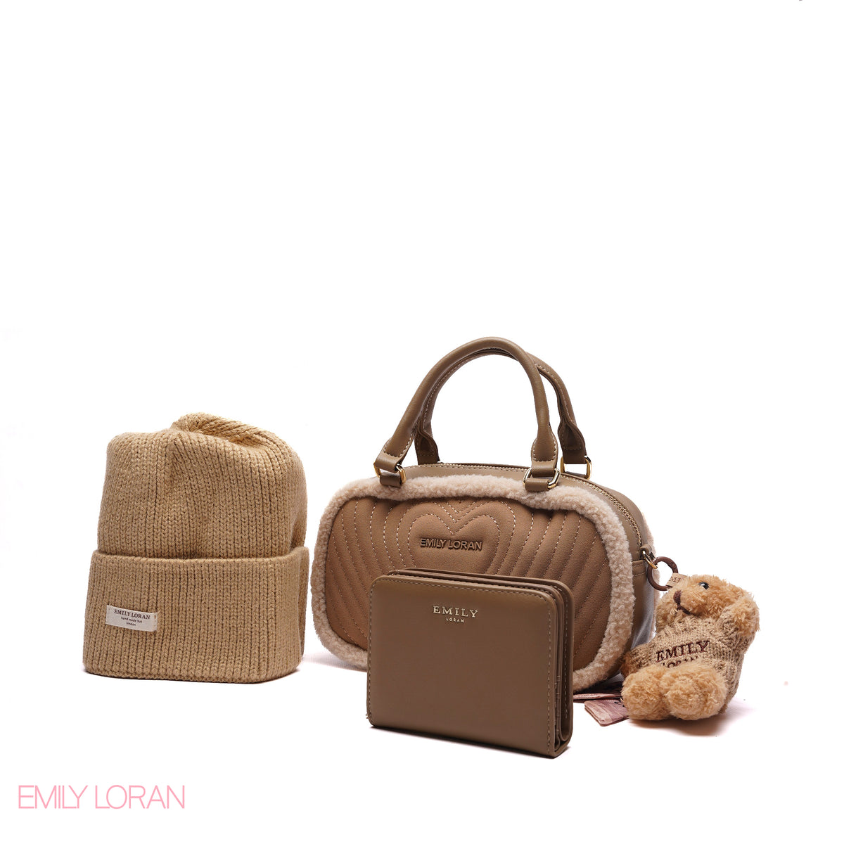 ELEGANT QUILTED HEART BAG SET WITH WALLET AND BEANIE