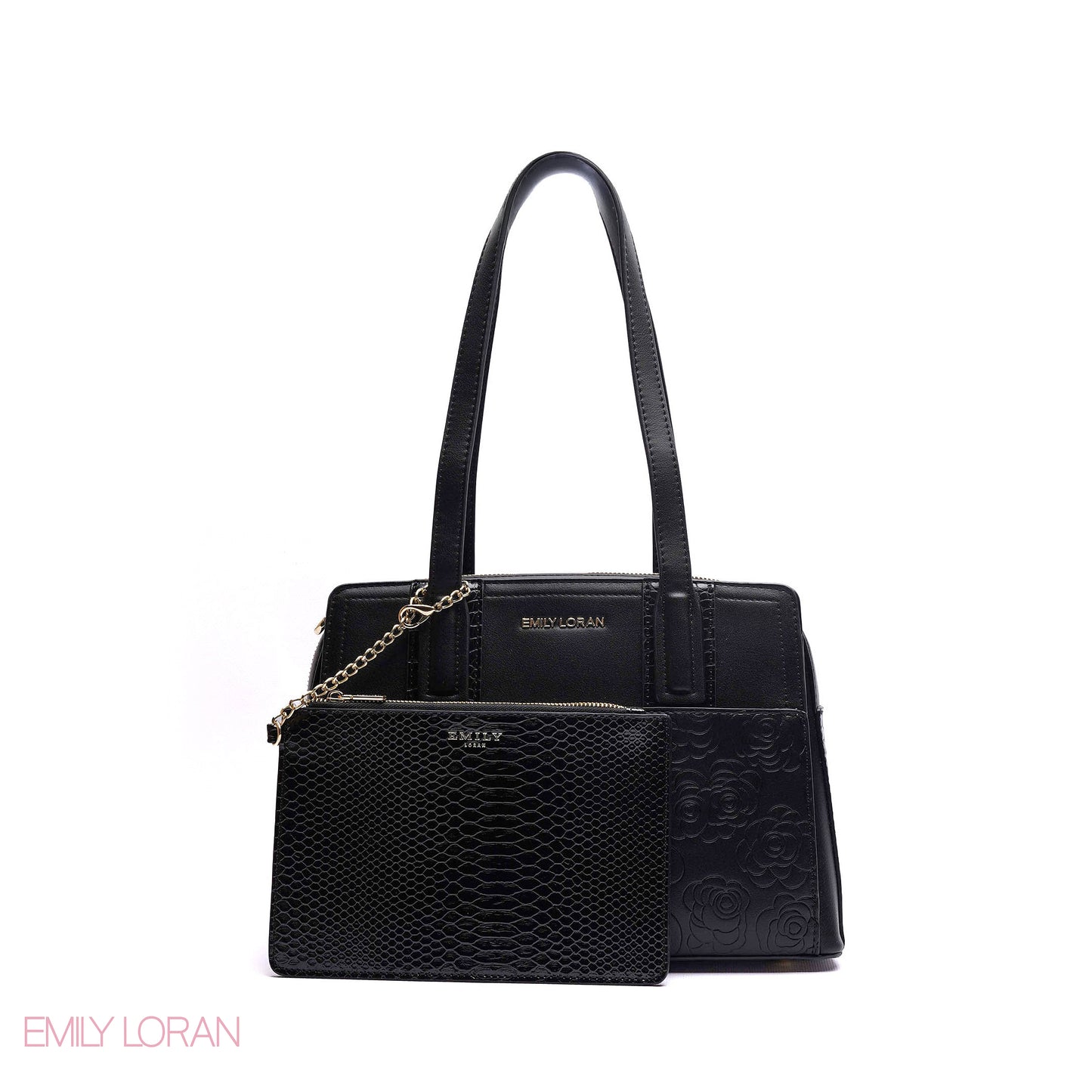 EMBOSSED FLORAL HANDBAG WITH SNAKESKIN POUCH