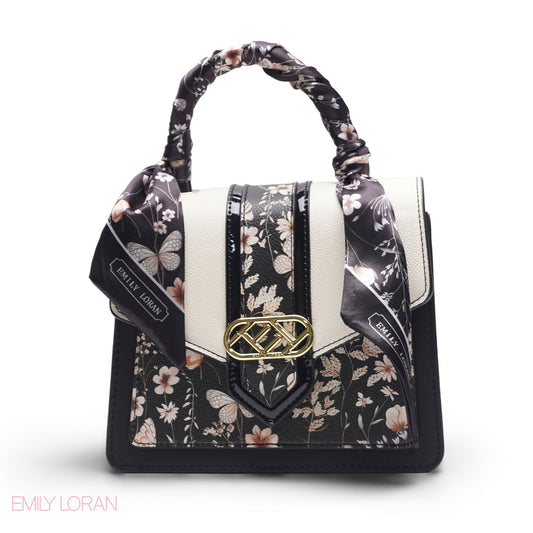 BLACK SATCHEL WITH FLORAL SCARF