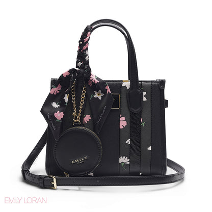 BLACK FLORAL TOTE WITH PINK PRINTS - SMALL