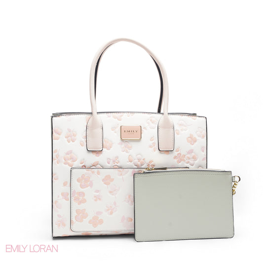WHITE FLORAL TOTE WITH GREEN POUCH - LARGE