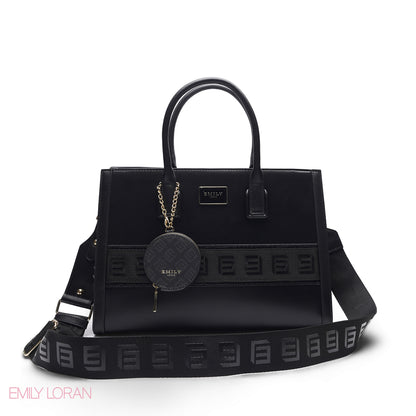 BLACK SOLID TOTE WITH STRAP & ROUND POUCH - LARGE