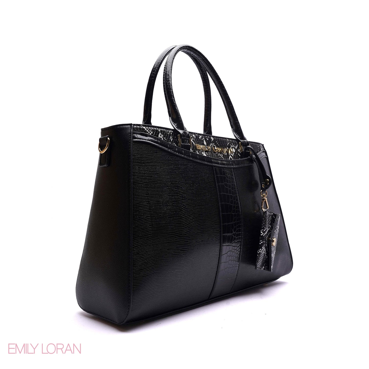 STRUCTURED PANEL TOTE BAG WITH SNAKESKIN TAG