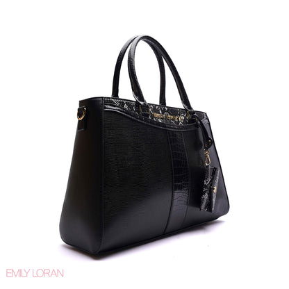 STRUCTURED PANEL TOTE BAG WITH SNAKESKIN TAG