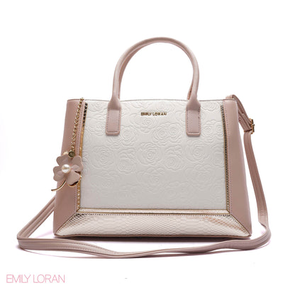 EMBOSSED FLORAL PANELLED SATCHEL BAG - LARGE