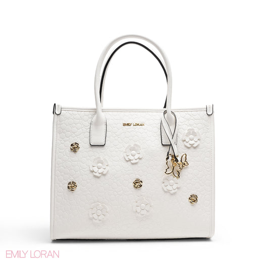 EMBOSSED METALLIC FLORAL TOP HANDLE TOTE BAG - LARGE