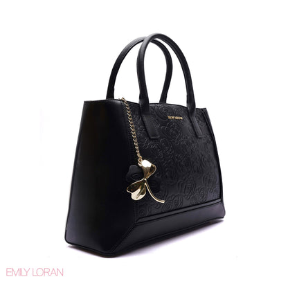 EMBOSSED FLORAL PANELLED SATCHEL BAG - LARGE