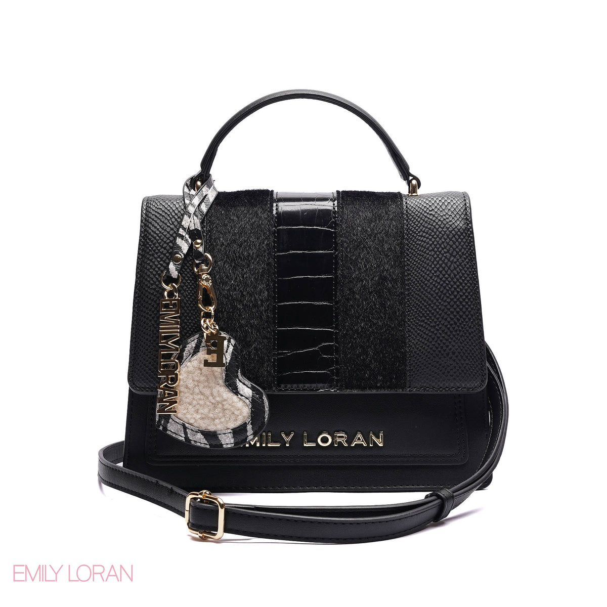 ELEGANT MIXED TEXTURE TOP HANDLE BAG WITH HEART CHARM - MEDIUM