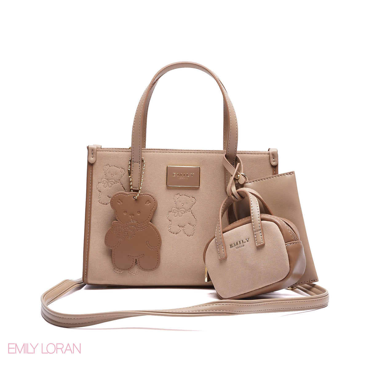 TEDDY BEAR HANDBAG CLOTH WITH SMALL POUCH , MINI WALLET AND TEDDY CHARM - SMALL