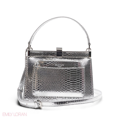 EMILY METALLIC SILVER SNAKESKIN FRAME BAG WITH MINI POUCH - MED