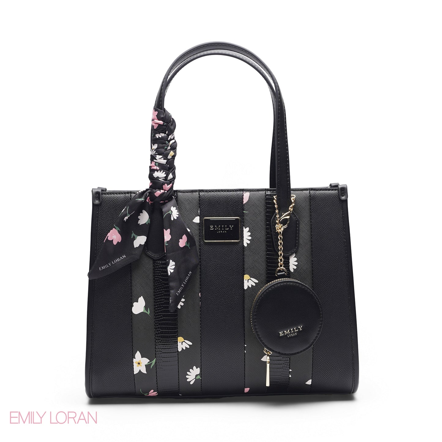 BLACK FLORAL TOTE WITH CIRCULAR POUCH - LARGE