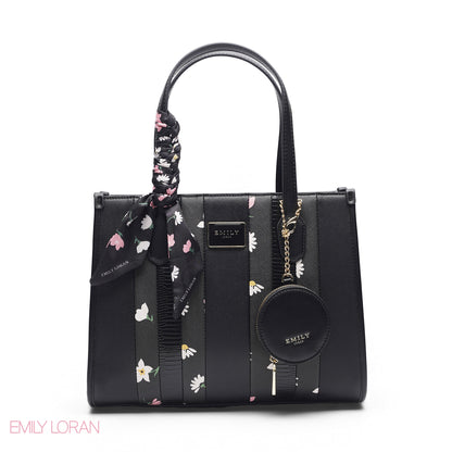 BLACK FLORAL TOTE WITH CIRCULAR POUCH - LARGE