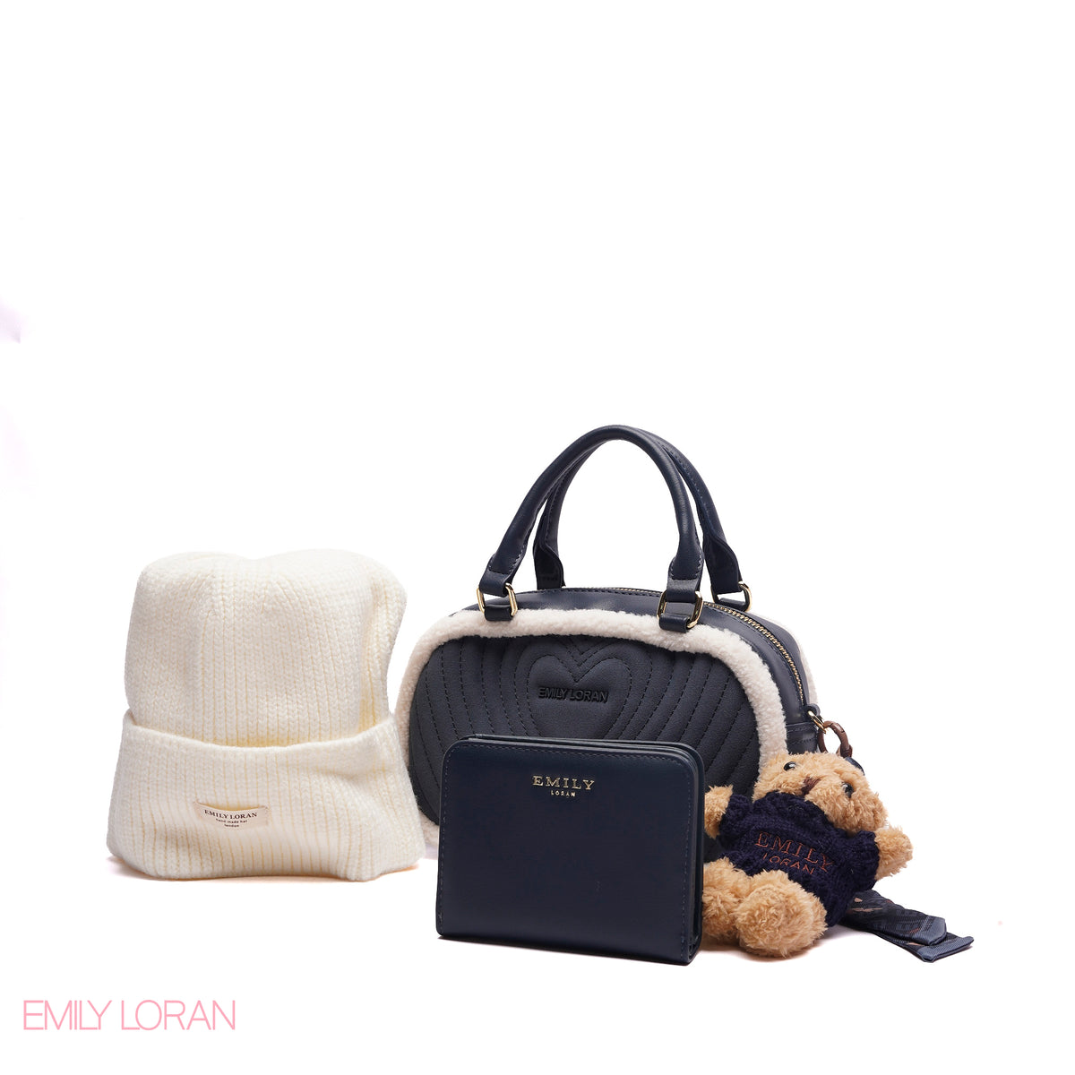 ELEGANT QUILTED HEART BAG SET WITH WALLET AND BEANIE