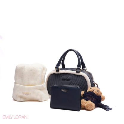 ELEGANT QUILTED HEART BAG SET WITH WALLET AND BEANIE