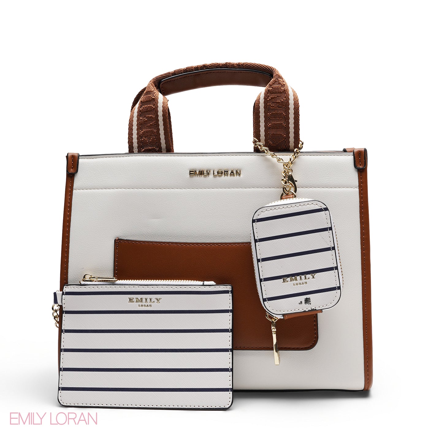 STRUCTURED BAG WITH BRANDED HANDLES AND STRIPPED POUCH