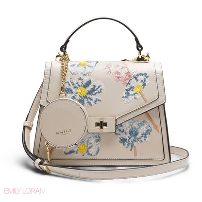 BEIGE SEQUIN FLORAL SATCHEL WITH ROUND POUCH