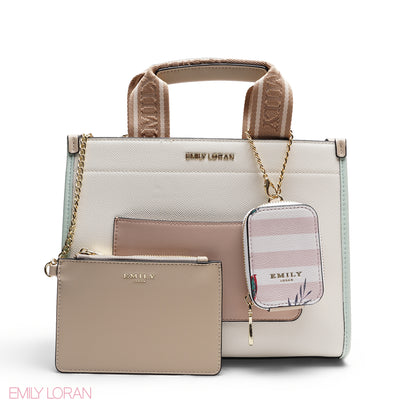 STRUCTURED BAG WITH BRANDED HANDLES AND STRIPPED POUCH