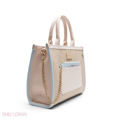 EMBOSSED ROSE TOTE WITH BRANDED STRAP BAG