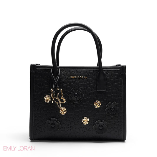 EMBOSSED METALLIC FLORAL TOP HANDLE TOTE BAG - SMALL