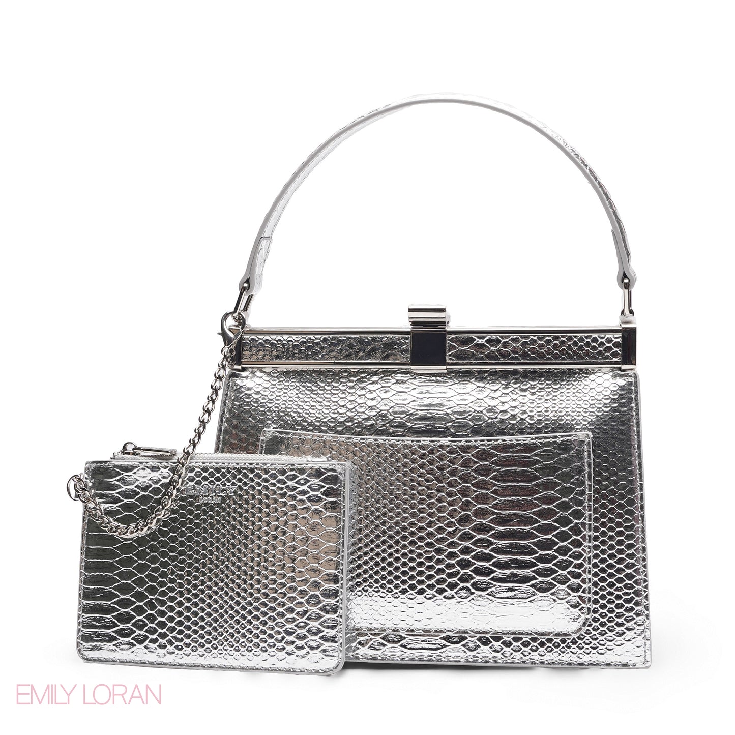 EMILY METALLIC SILVER SNAKESKIN FRAME BAG WITH MINI POUCH - MED