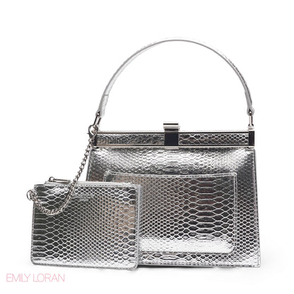 EMILY METALLIC SILVER SNAKESKIN FRAME BAG WITH MINI POUCH - MED