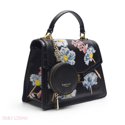BLACK SEQUIN FLORAL SATCHEL WITH ROUND POUCH