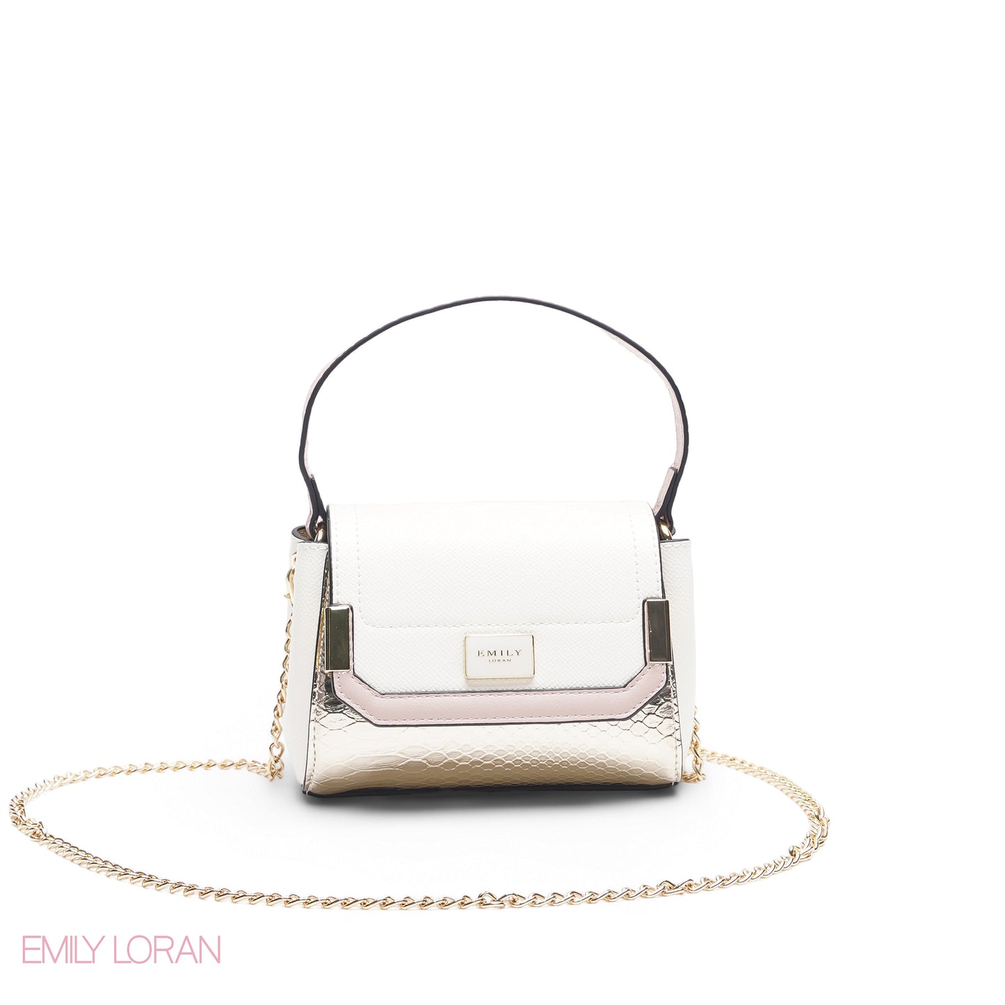 MINI WHITE SOLID FLAP BAG WITH GOLD METAL STRAP