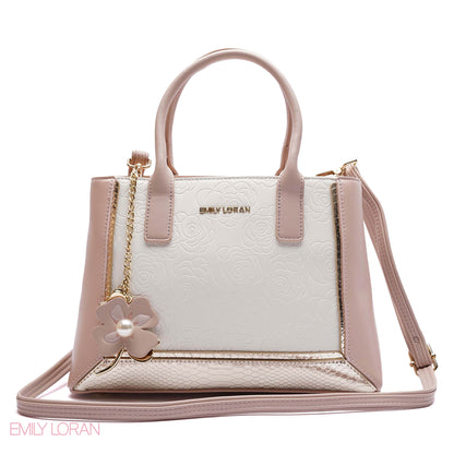 EMBOSSED FLORAL PANELLED SATCHEL BAG - SMALL