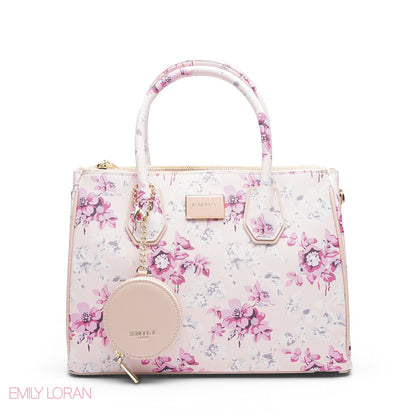 WHITE FLORAL TOTE BAG WITH POUCH - LARGE