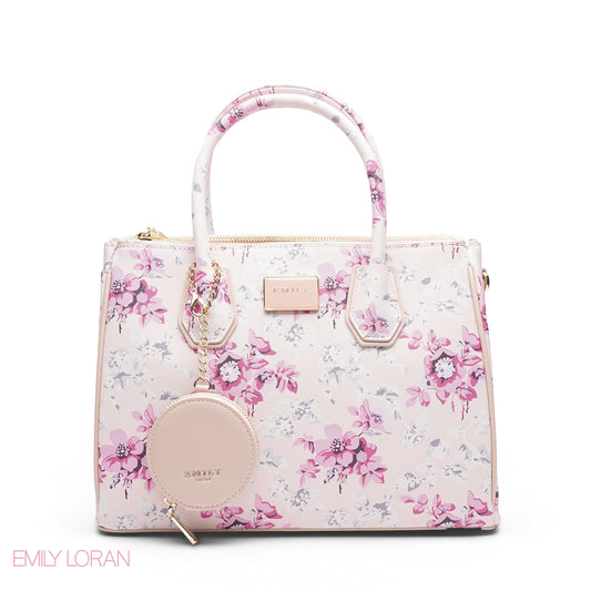 WHITE FLORAL TOTE BAG WITH POUCH - LARGE