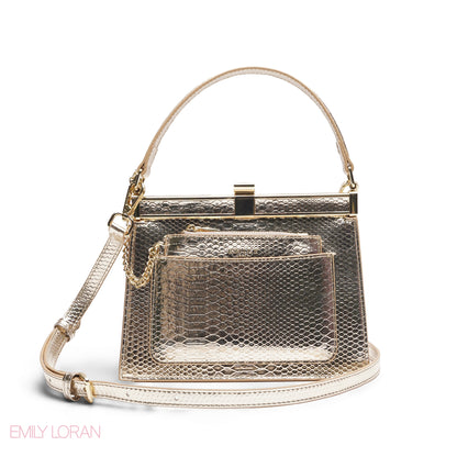 EMILY METALLIC GOLD SNAKESKIN FRAME BAG WITH MINI POUCH - MED
