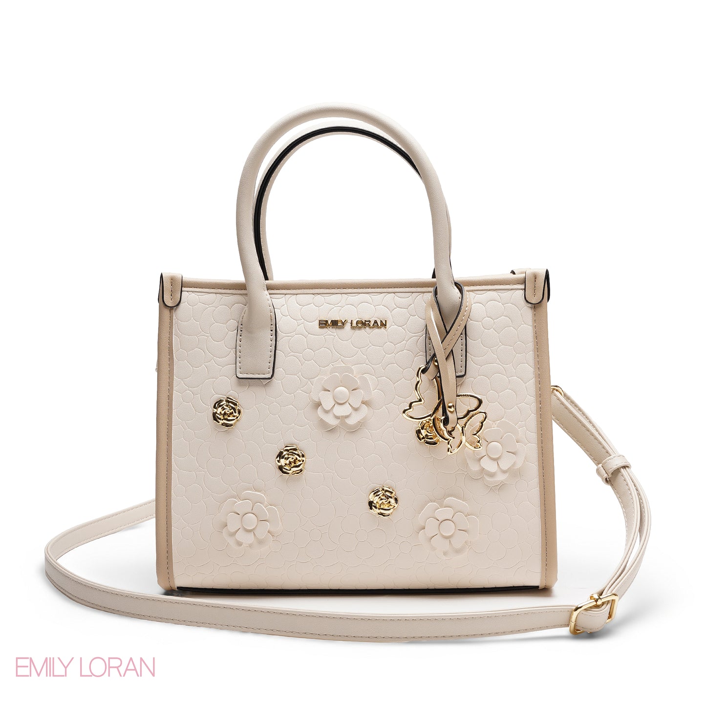 EMBOSSED METALLIC FLORAL TOP HANDLE TOTE BAG - SMALL