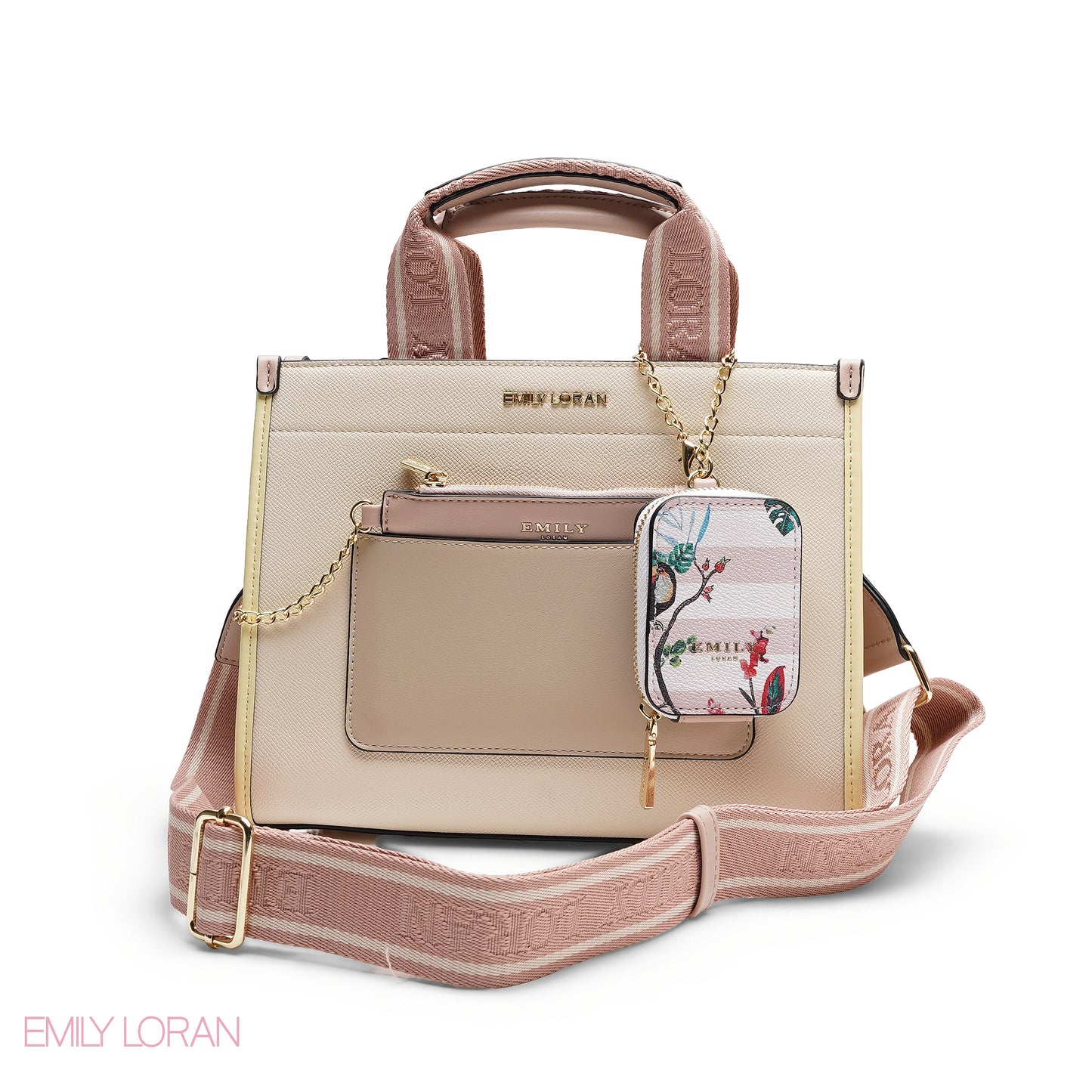 STRUCTURED BAG WITH BRANDED HANDLES AND FLORAL POUCH