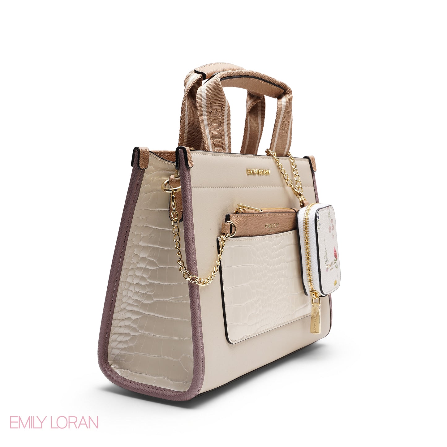 STRUCTURED BAG WITH BRANDED HANDLES AND FLORAL POUCH