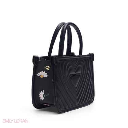 MINI BLACK BAG WITH FLORAL SIDE TRIM & GOLD METAL STRAP