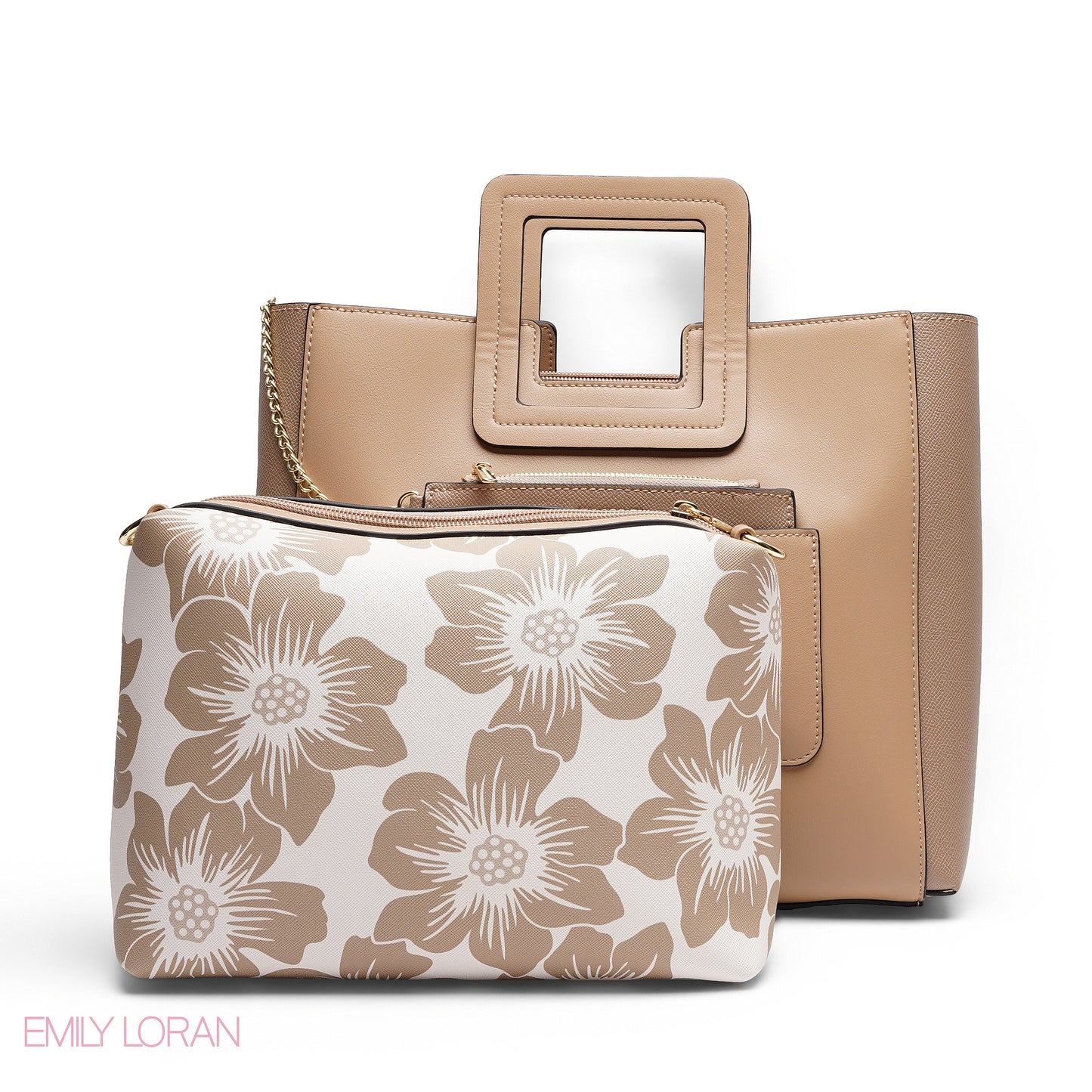 BEIGE TEXTURED LEATHER TOTE AND FLORAL POUCH BAG
