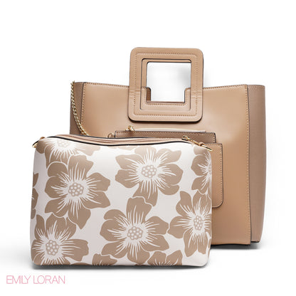 BEIGE TEXTURED LEATHER TOTE AND FLORAL POUCH BAG
