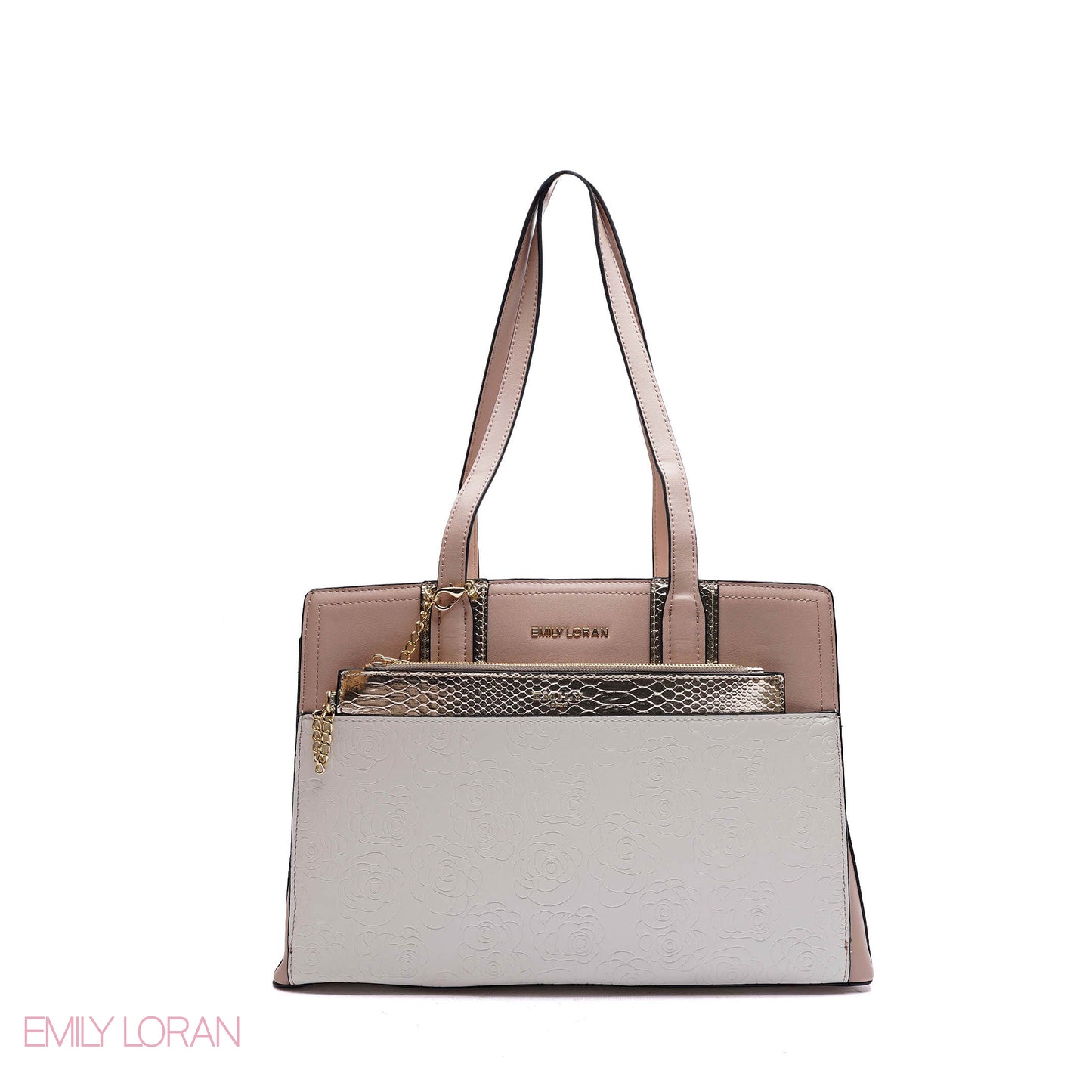 EMBOSSED FLORAL HANDBAG WITH SNAKESKIN POUCH