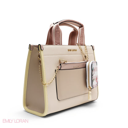 STRUCTURED BAG WITH BRANDED HANDLES AND FLORAL POUCH