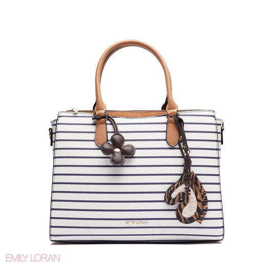 HANDBAG SOFT LEATHER STRIPPED PRINT WITH SIMPLE TWO CHARM - MEDIUM