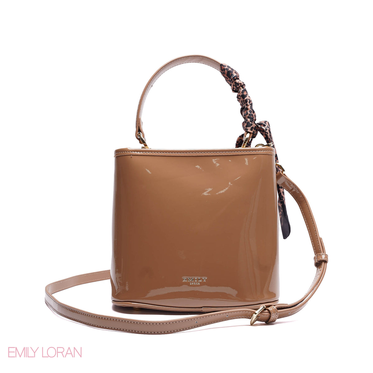 ELEGANT PATENT SUEDE BUCKET BAG WITH LEOPARD SCARF - SMALL