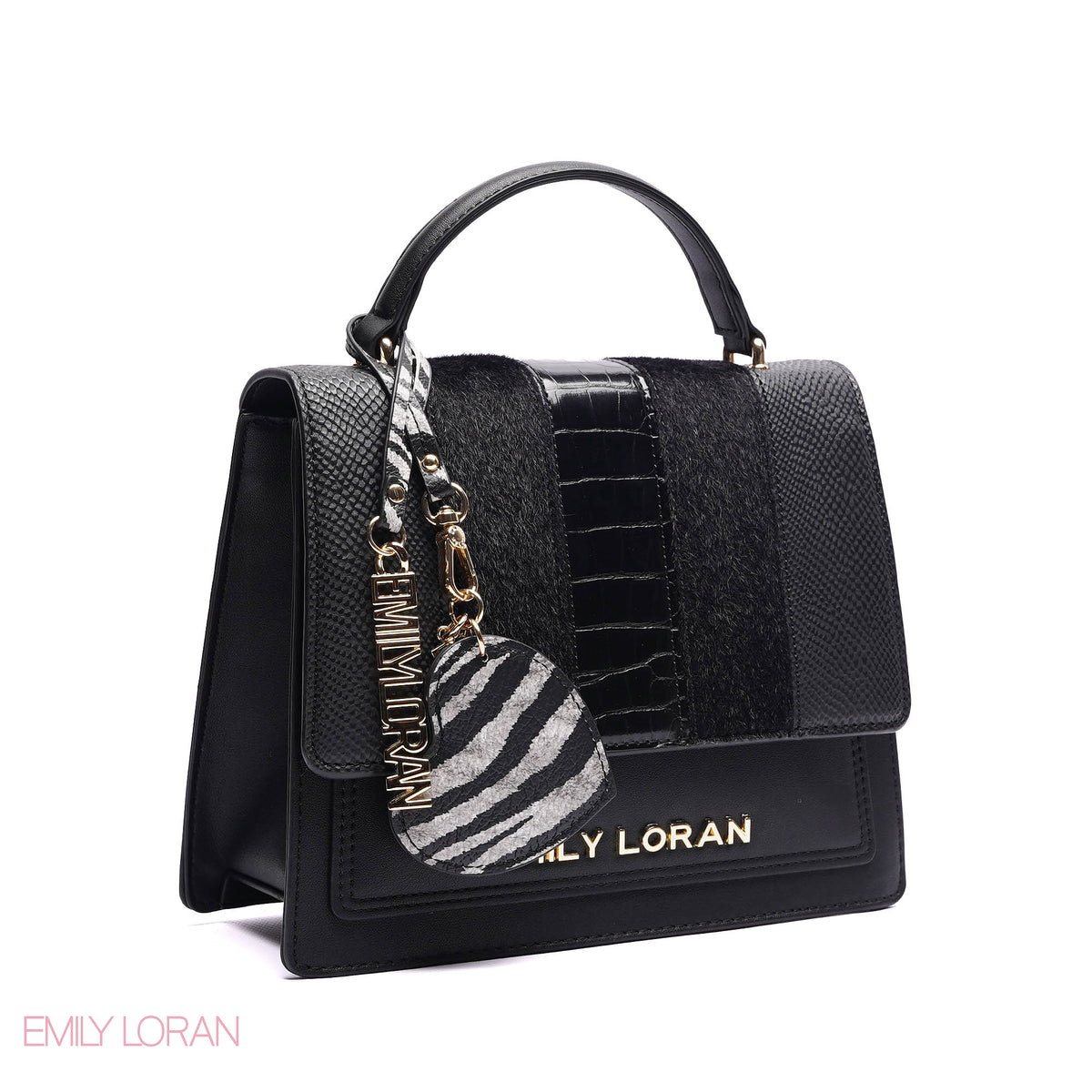 ELEGANT MIXED TEXTURE TOP HANDLE BAG WITH HEART CHARM - MEDIUM