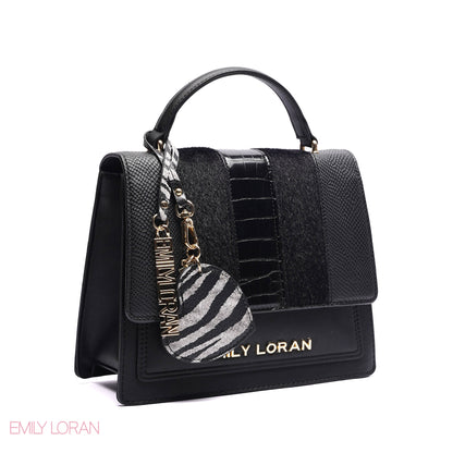 ELEGANT MIXED TEXTURE TOP HANDLE BAG WITH HEART CHARM - MEDIUM
