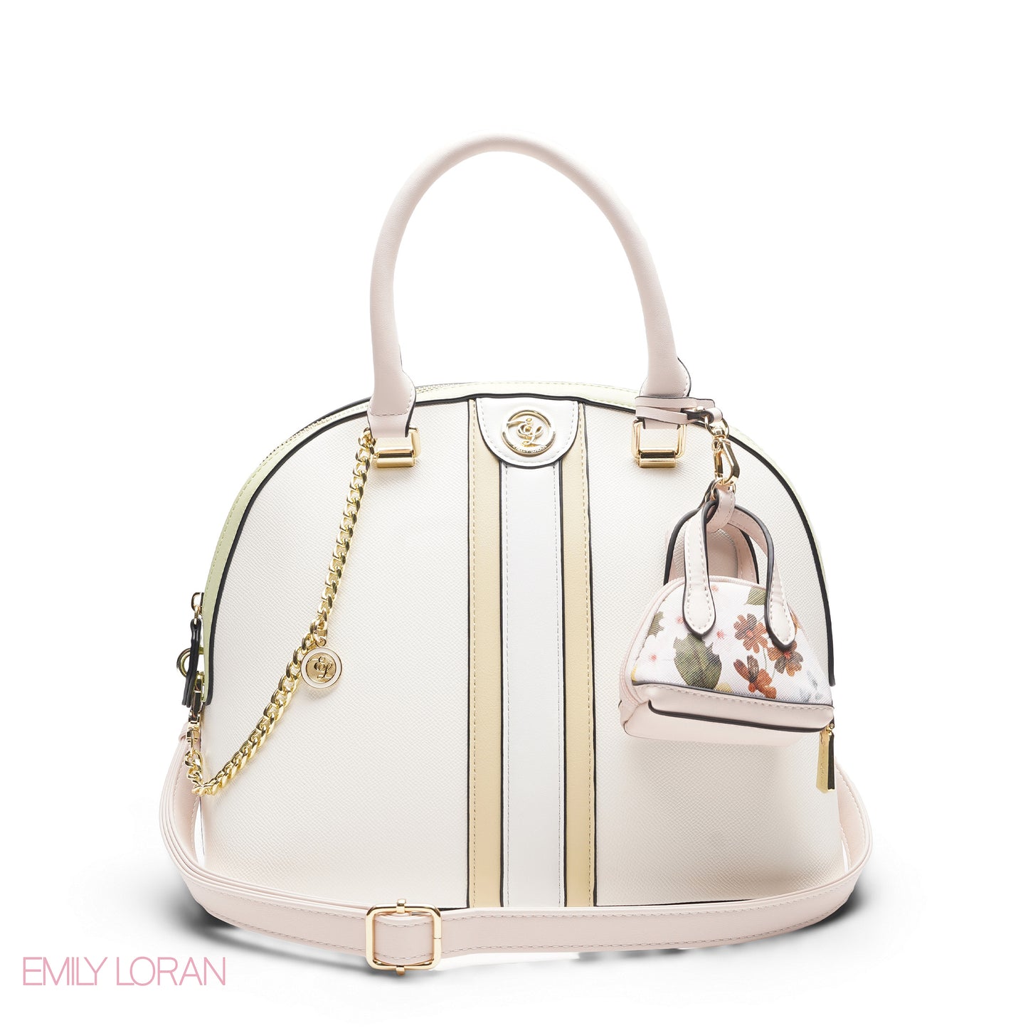 WHITE & YELLOW DOME BAG WITH PINK FLORAL PRINT - LARGE