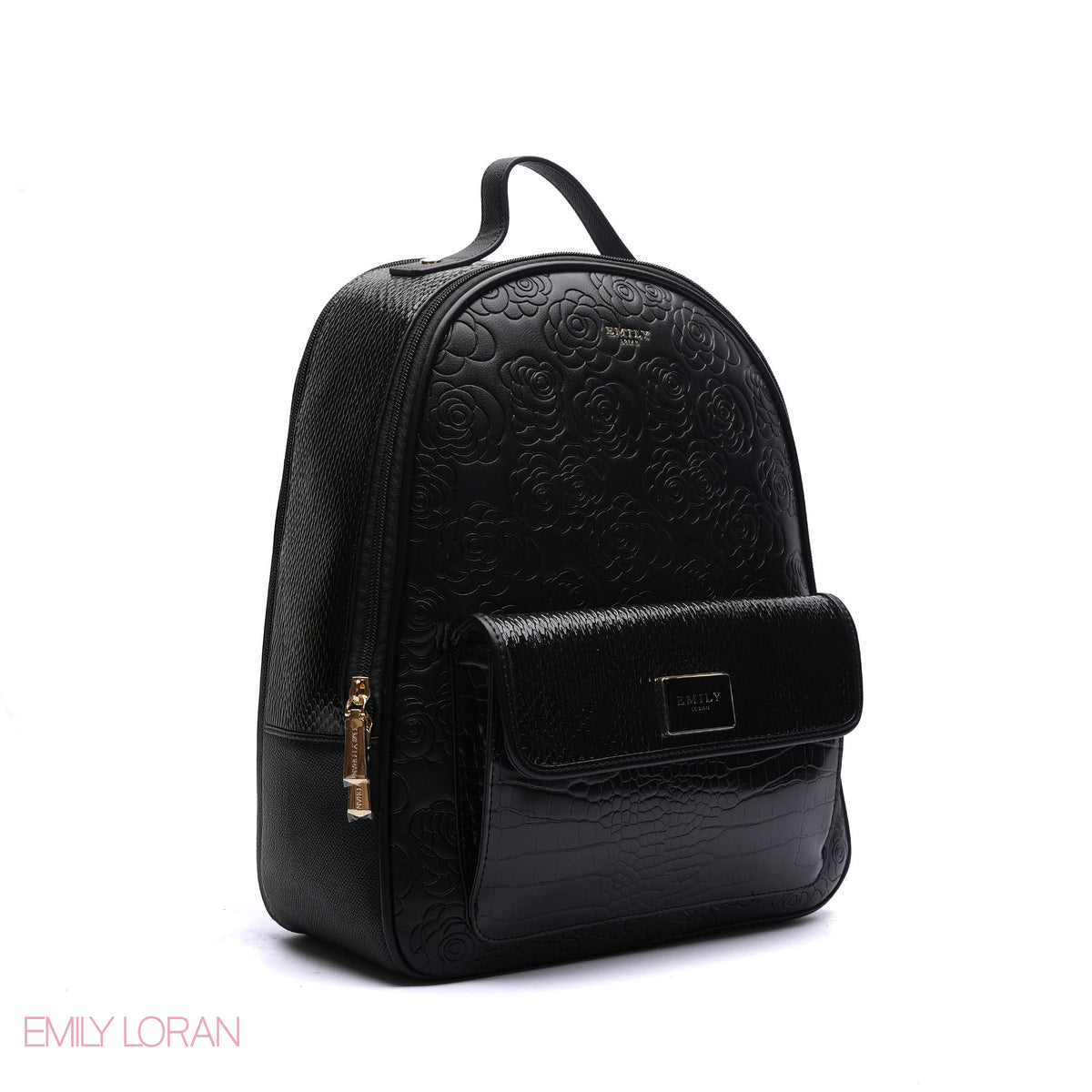 BACKPACK BLACK WITH FLOWERS PATTERNS AND CROC FRONT POCKET LEATHER