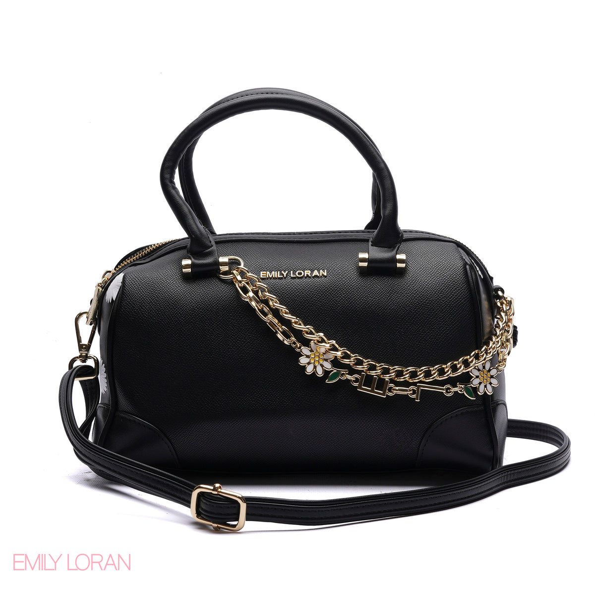 HANDBAG WITH FLOWERS PRINT AND CHAIN GOLD